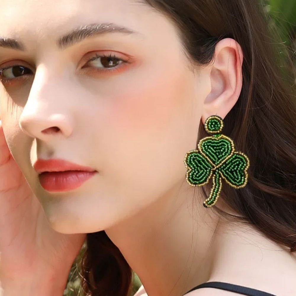 New GLASS SEED BEAD CLOVER St. Patrick's Day Statement earrings
